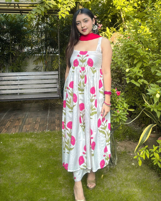 Ivory Anarkali with Pink Floral Print