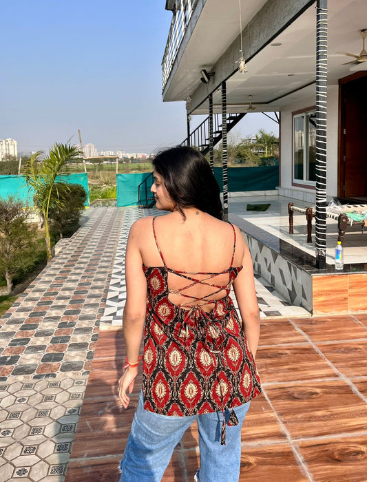 Red & Black Spaghetti Strap Backless Kurti