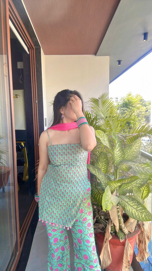 Mint Green Printed Pants Suit Set with Dupatta