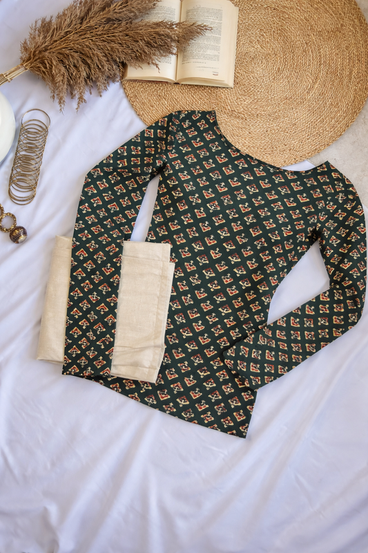 Teal Green Long Sleeve Printed Blouse Top