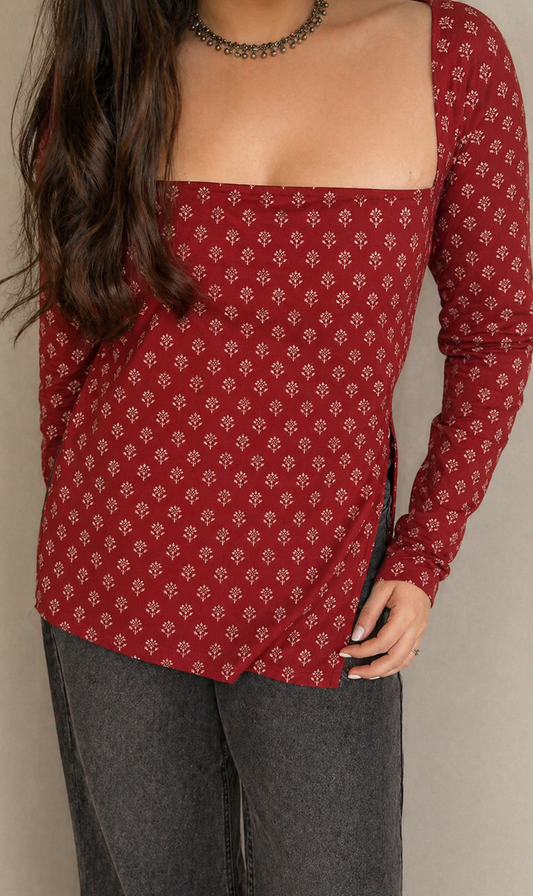 Rust Long Sleeve Printed Blouse Top