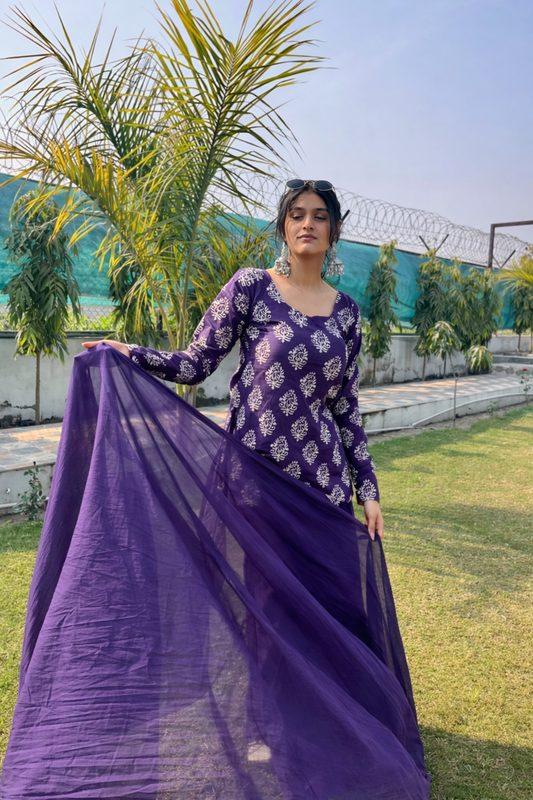 Deep Purple Block Print Cotton Sharara Suit Set (with Dupatta)