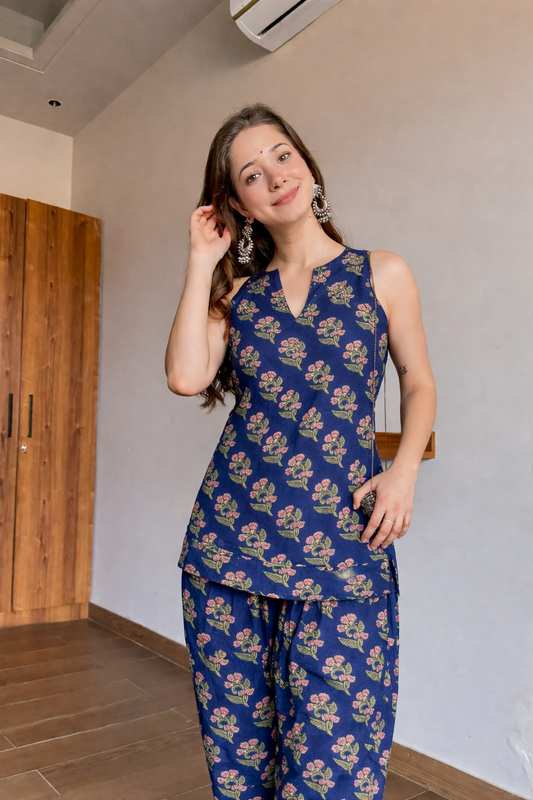 Blue Printed Farshi Salwar Set (2-Piece)