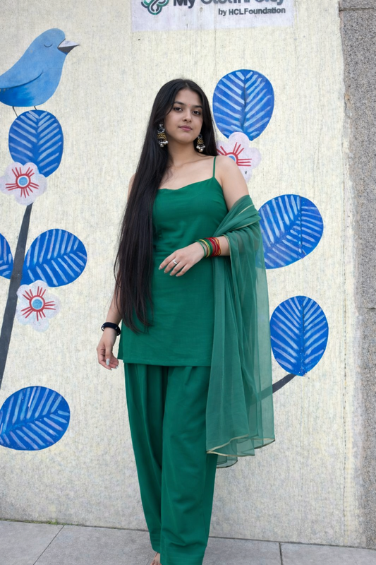 Emerald Green Backless Farshi Suit Set with Organza Dupatta