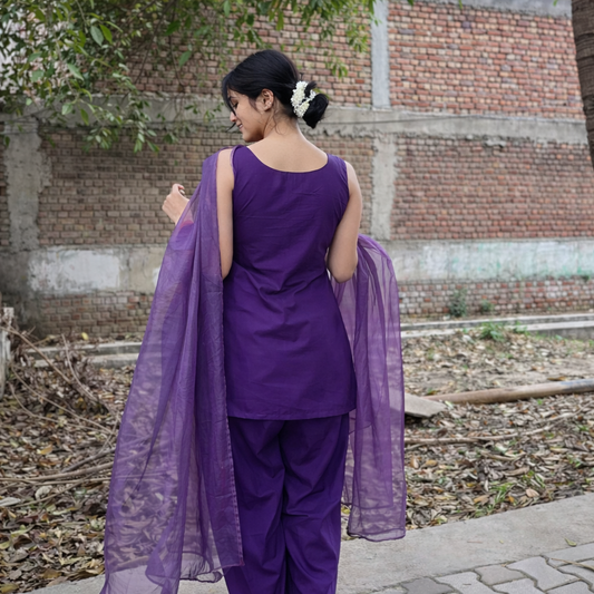 Deep Purple Sleeveless Farshi Suit Set with Organza Dupatta