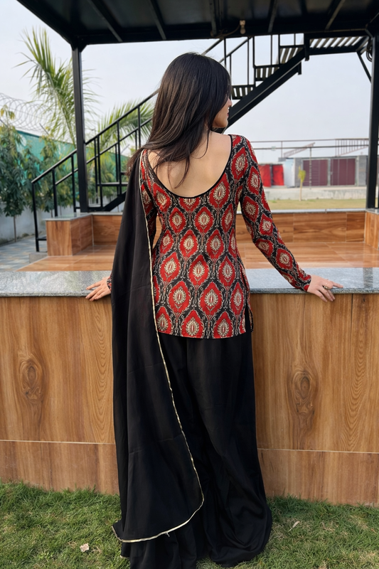 Black & Red Cotton Sharara Suit Set (with Dupatta)