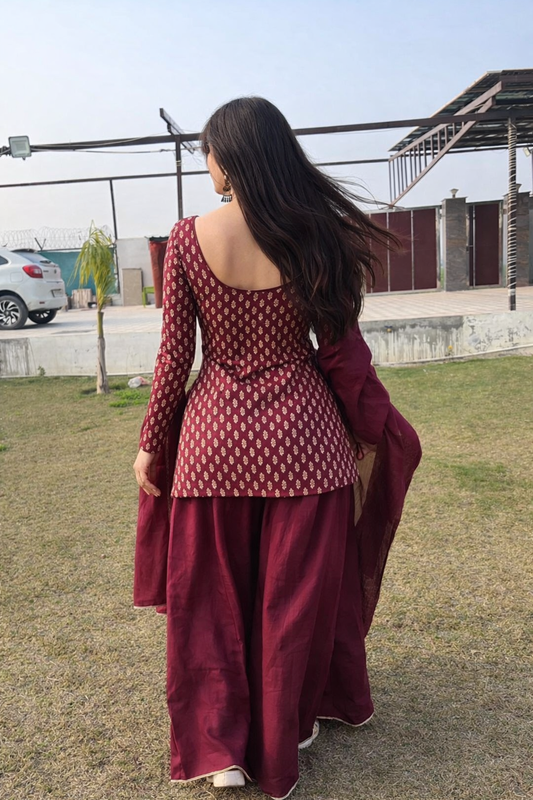 Wine Maroon Cotton Sharara Suit Set (with Dupatta)