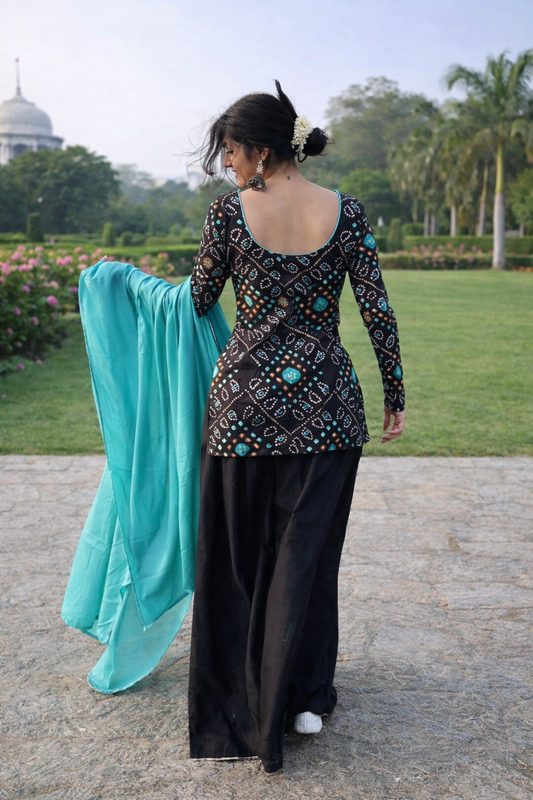 Black & Teal Bandhani Print Sharara Suit Set (with Teal Dupatta)