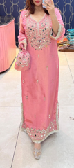 Blush Pink Embroidered Long Dress With Potli