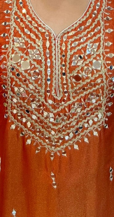 Rust Orange Embroidered Long Dress With Potli