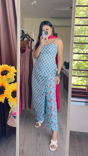 Aqua Blue Printed 3-Piece Cotton Suit Set