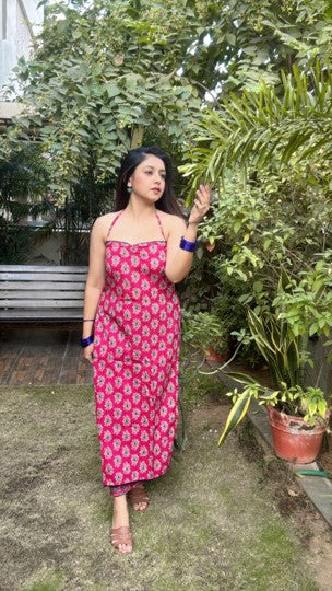 Hot Pink Printed Halter Co-Ord Set (2-Piece)