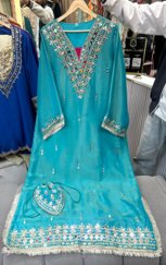 Teal Blue Embroidered Long Dress With Potli