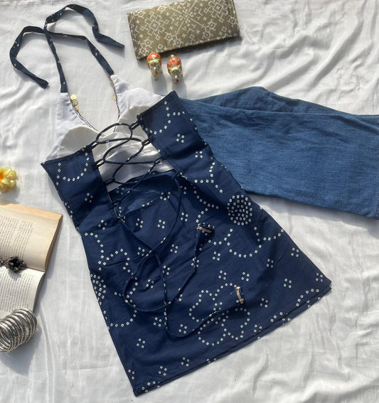 Navy Blue Backless Halter Kurti