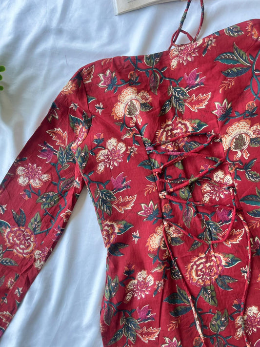 Red Floral Halter Square-Neck Kurti Top