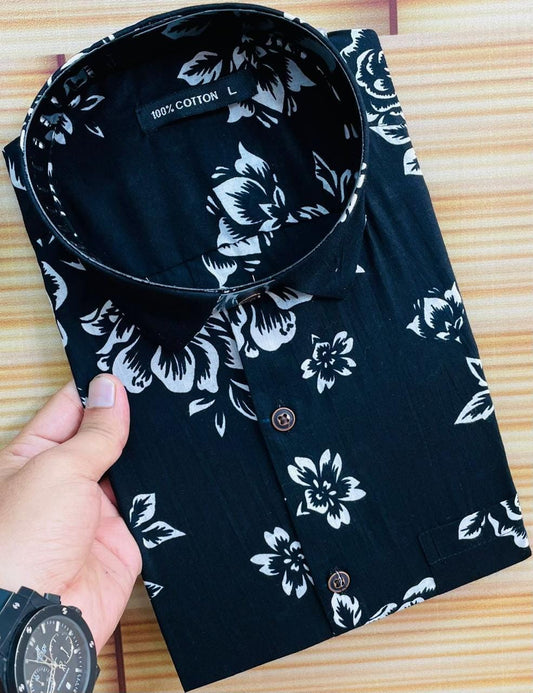 Black White Floral Print Short Sleeve Shirt