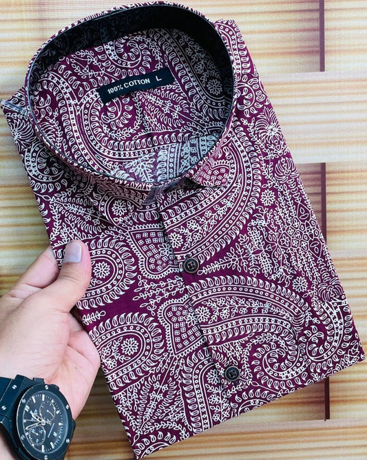 Maroon Ethnic Motif Short Sleeve Shirt