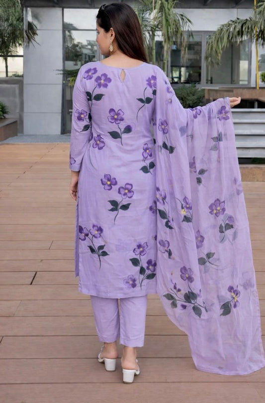 Lavender Floral Suit Set with Dupatta