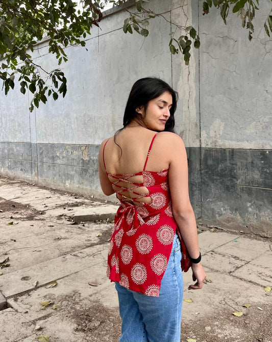 Red Medallion Strap Backless Kurti