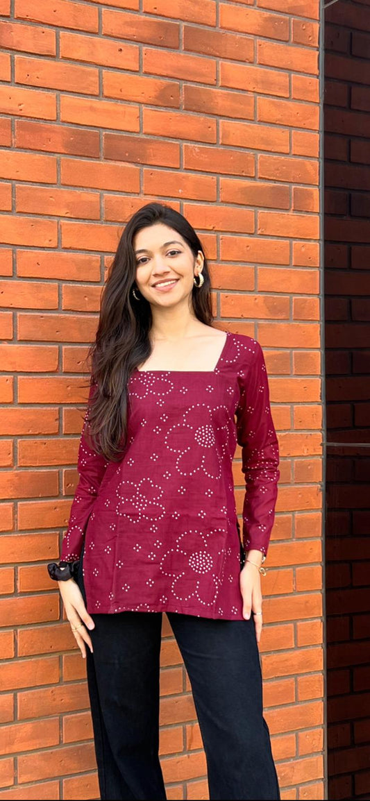Wine Bandhani Long Sleeve Kurti