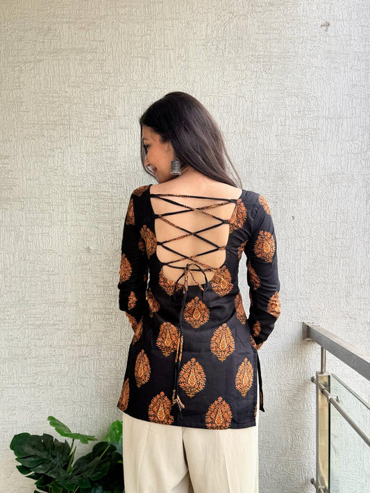 Black with Orange Afsana Long Sleeve Backless Kurti