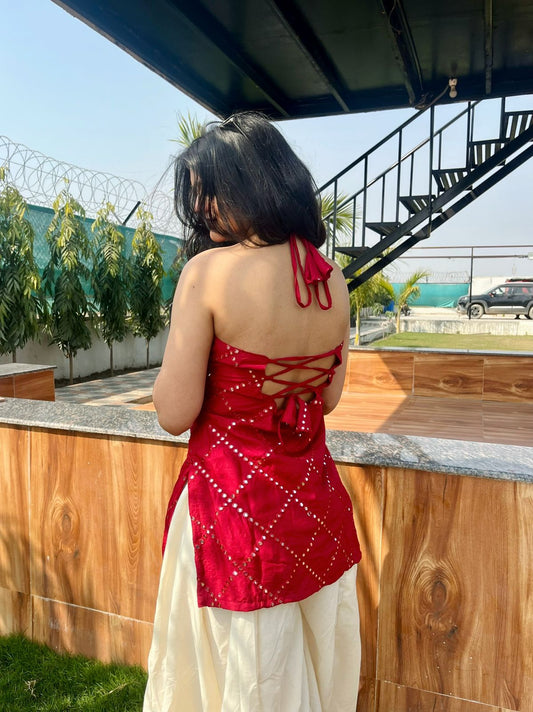 Cherry Red Mirror Work Halter Backless Blouse