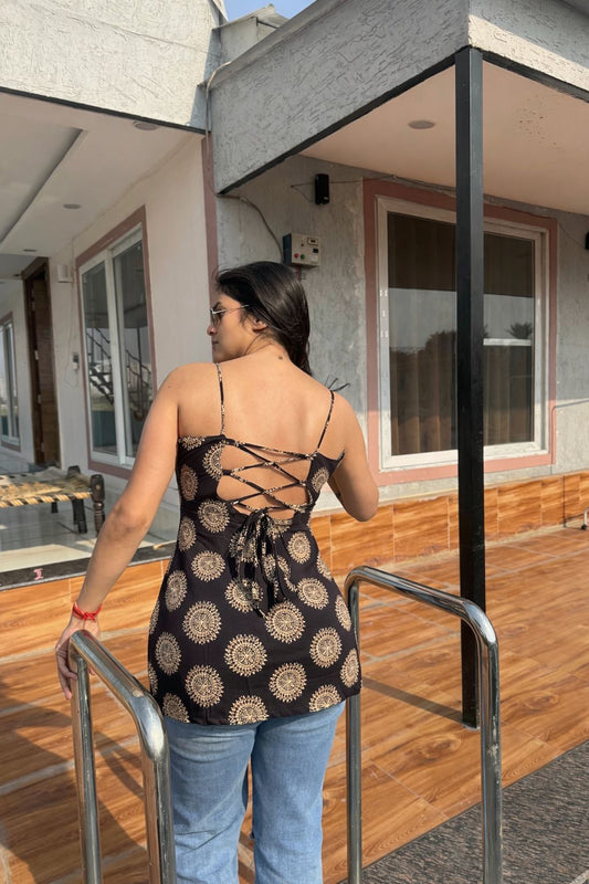 Black Medallion Spaghetti Strap Backless Kurti