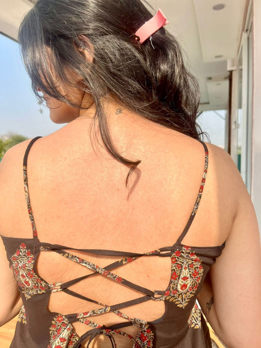 Dark Brown Diamond Spaghetti Strap Backless Kurti