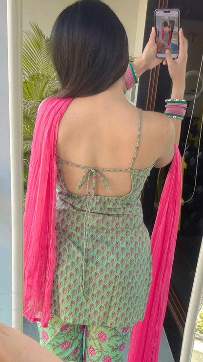 Mint Green Printed Pants Suit Set with Dupatta