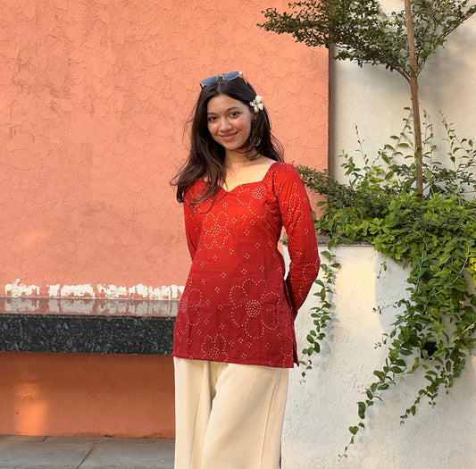 Rust Bandhini Long Sleeve Backless Kurti