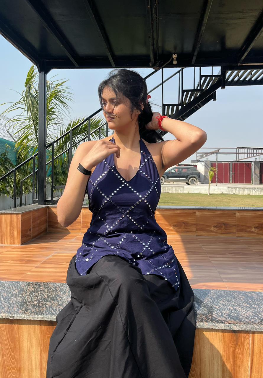 Royal Blue  Mirror Work Halter Backless Blouse