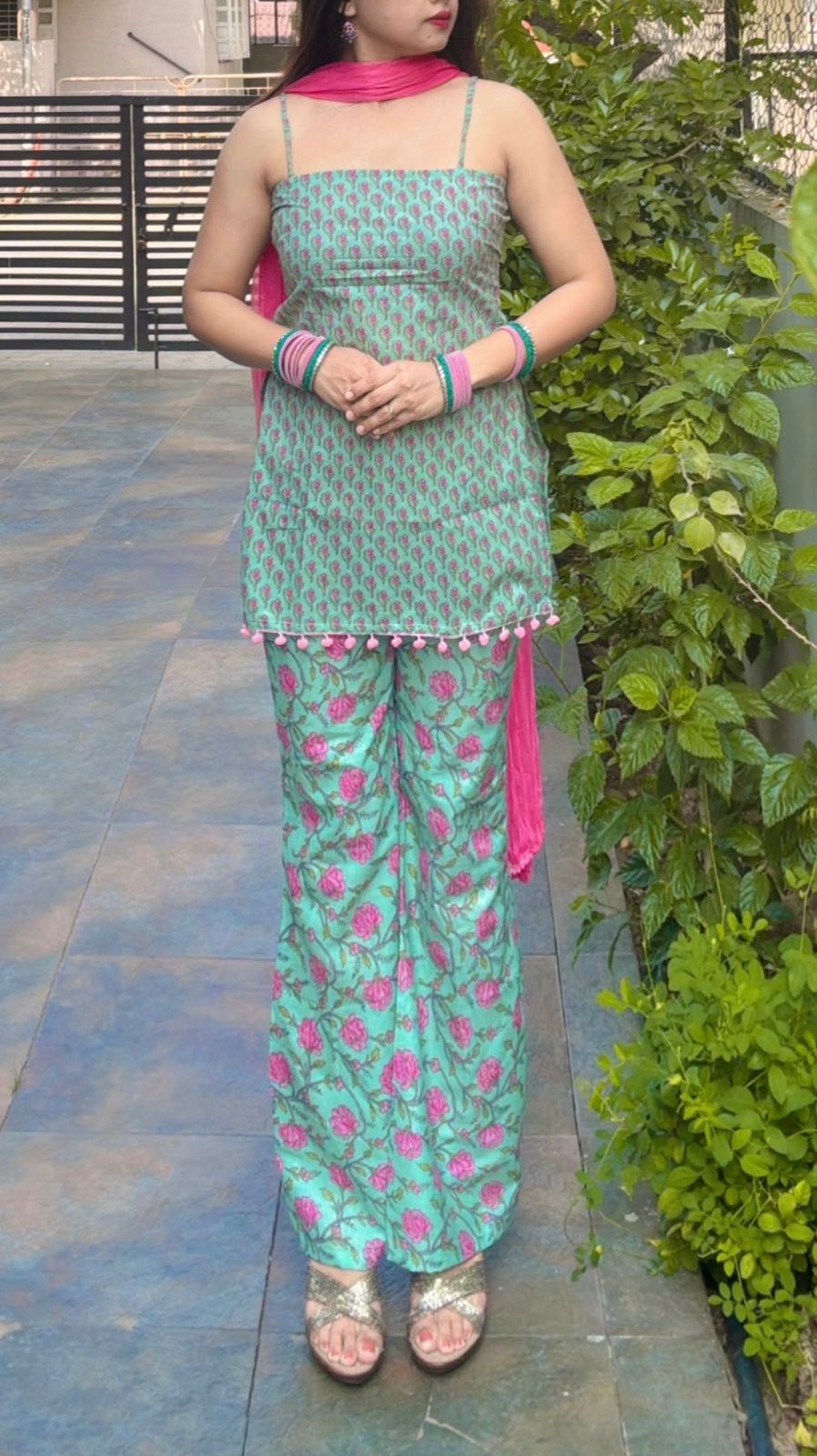 Mint Green Printed Pants Suit Set with Dupatta
