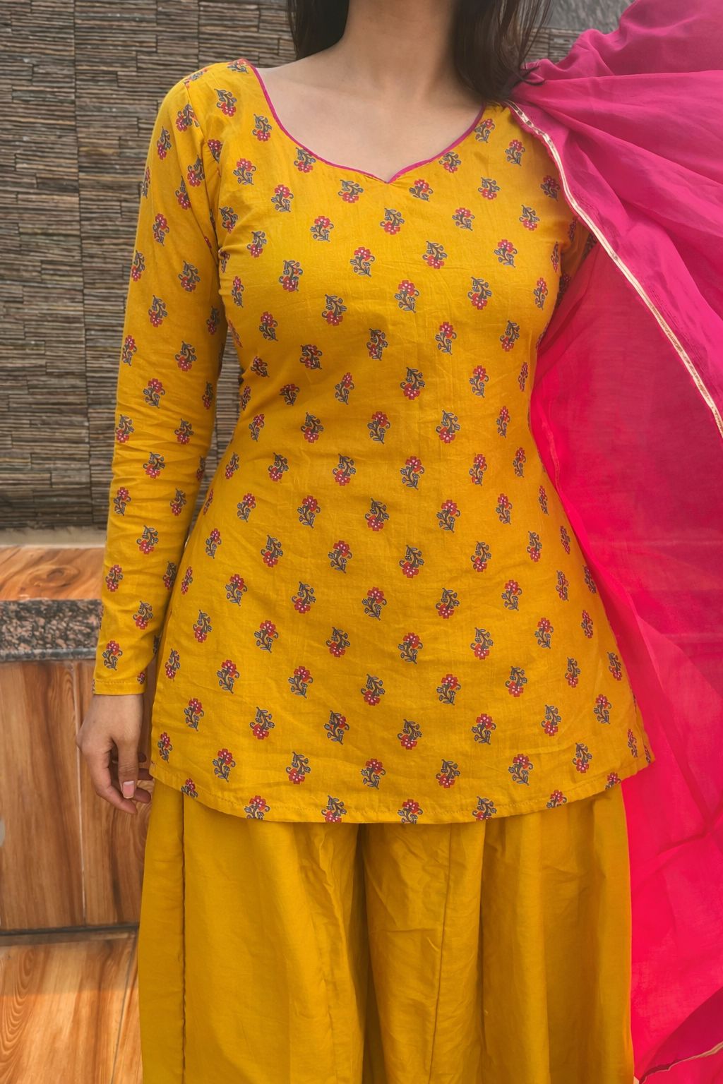 Yellow Cotton Sharara Suit Set (with Pink Dupatta)