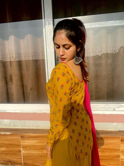 Yellow Cotton Sharara Suit Set (with Pink Dupatta)