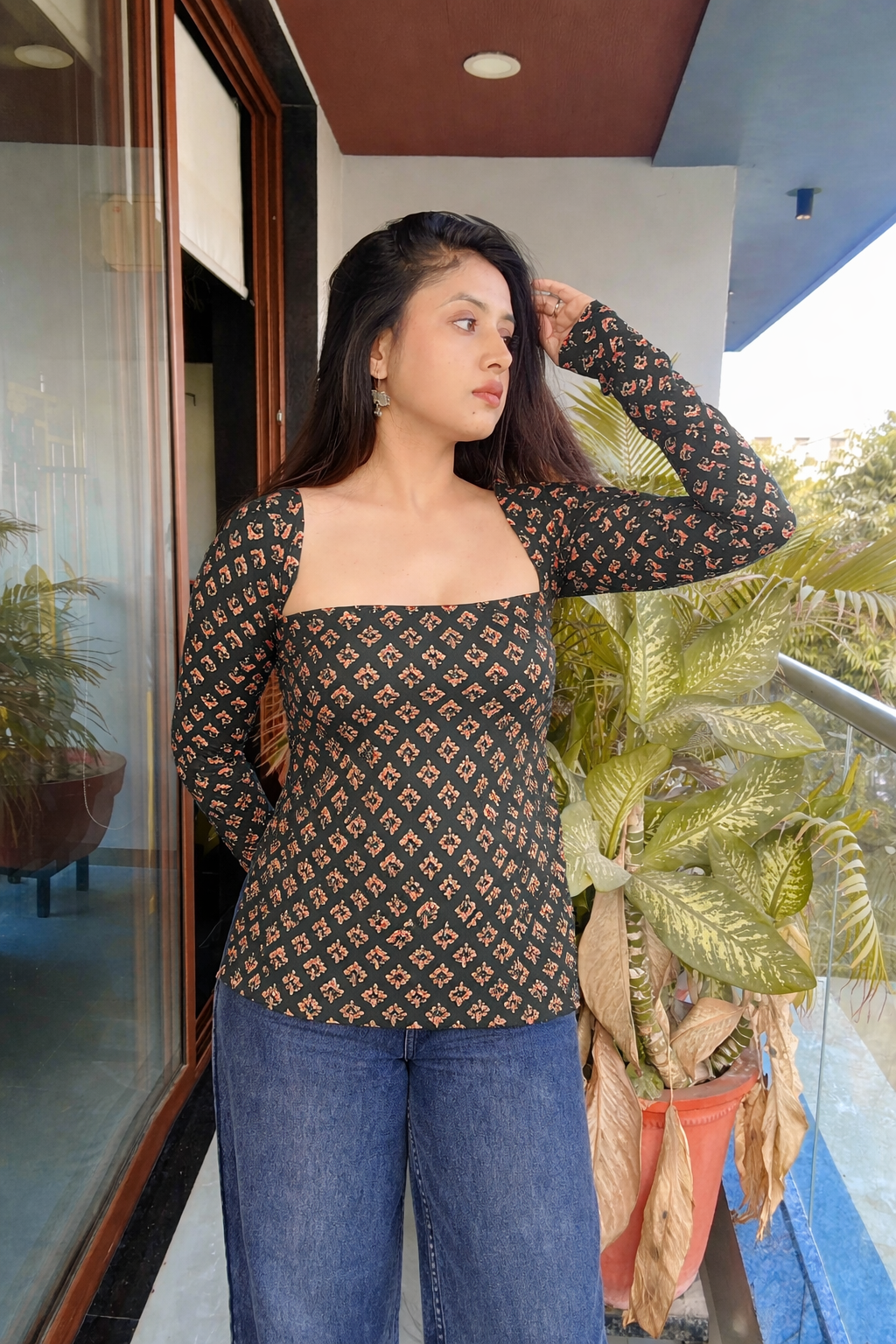 Teal Green Long Sleeve Printed Blouse Top