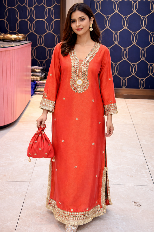 Coral Peach Embroidered Long Dress With Potli