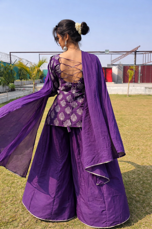 Deep Purple Block Print Cotton Sharara Suit Set (with Dupatta)