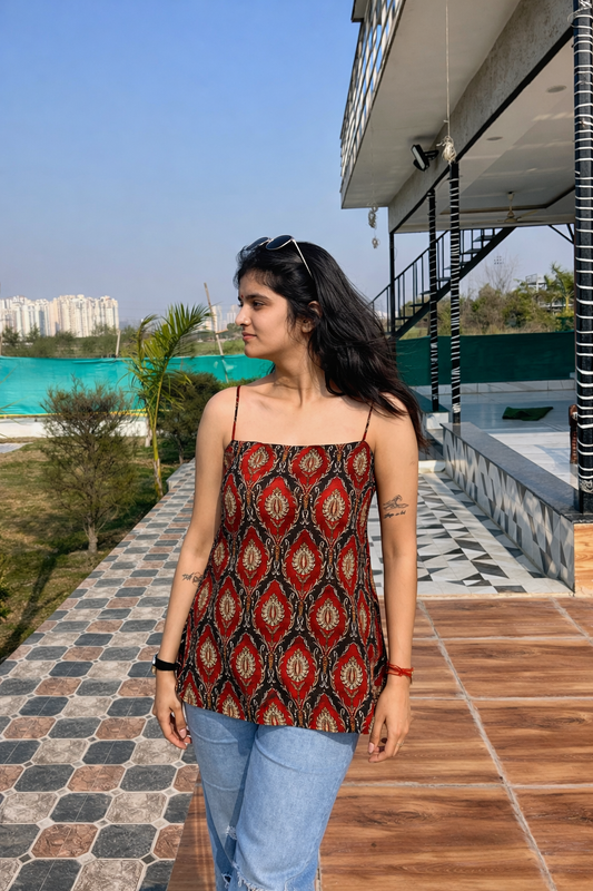 Red & Black Spaghetti Strap Backless Kurti