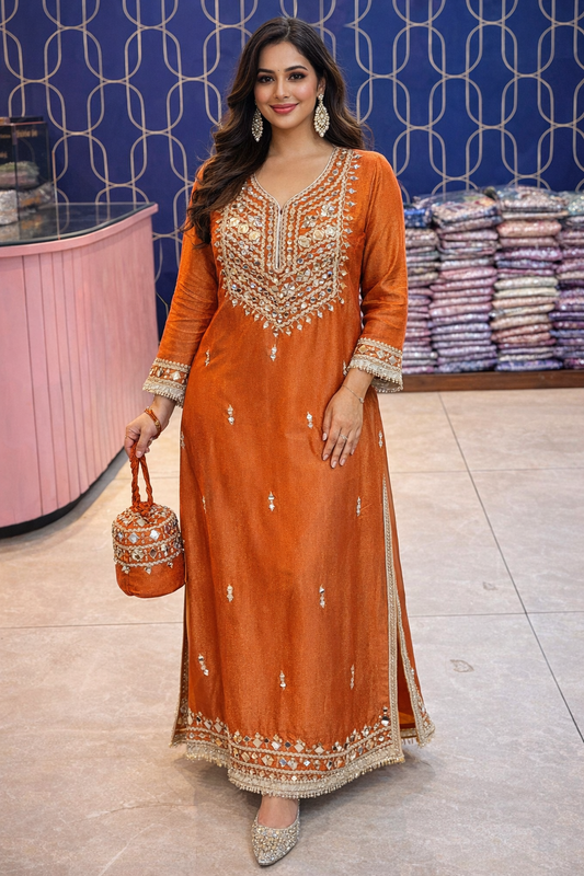 Rust Orange Embroidered Long Dress With Potli