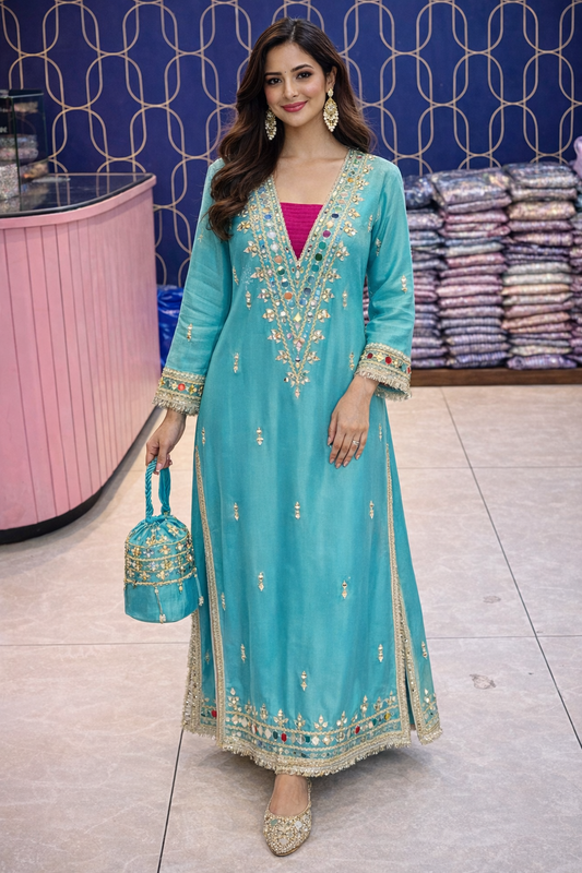 Teal Blue Embroidered Long Dress With Potli