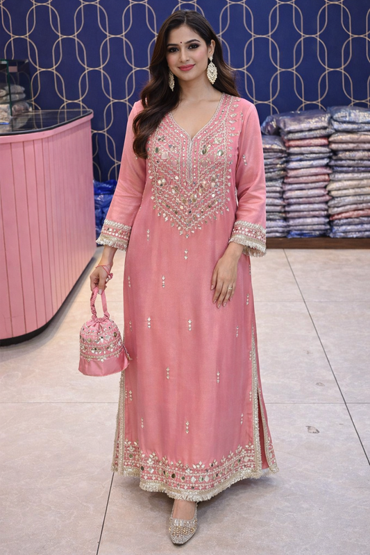 Blush Pink Embroidered Long Dress With Potli