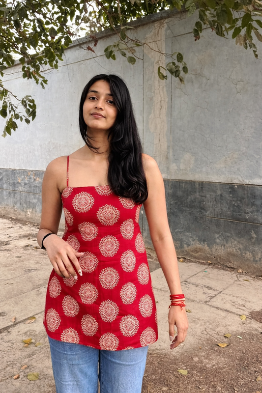 Red Medallion Strap Backless Kurti