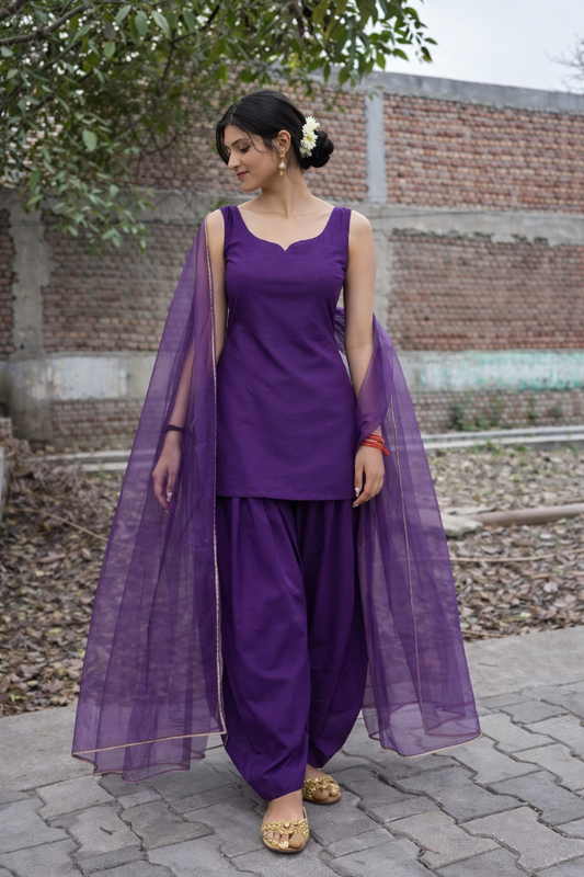 Deep Purple Sleeveless Farshi Suit Set with Organza Dupatta