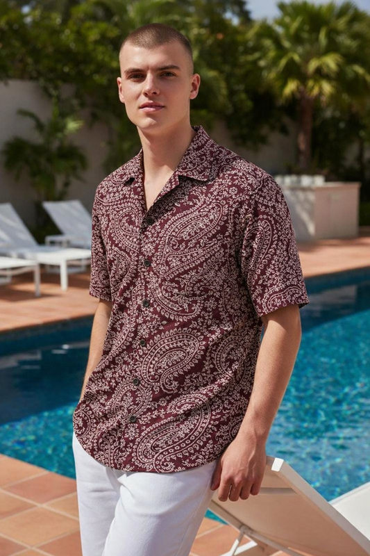 Maroon Ethnic Motif Short Sleeve Shirt