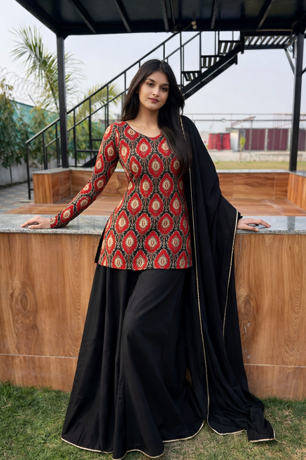 Black & Red Cotton Sharara Suit Set (with Dupatta)