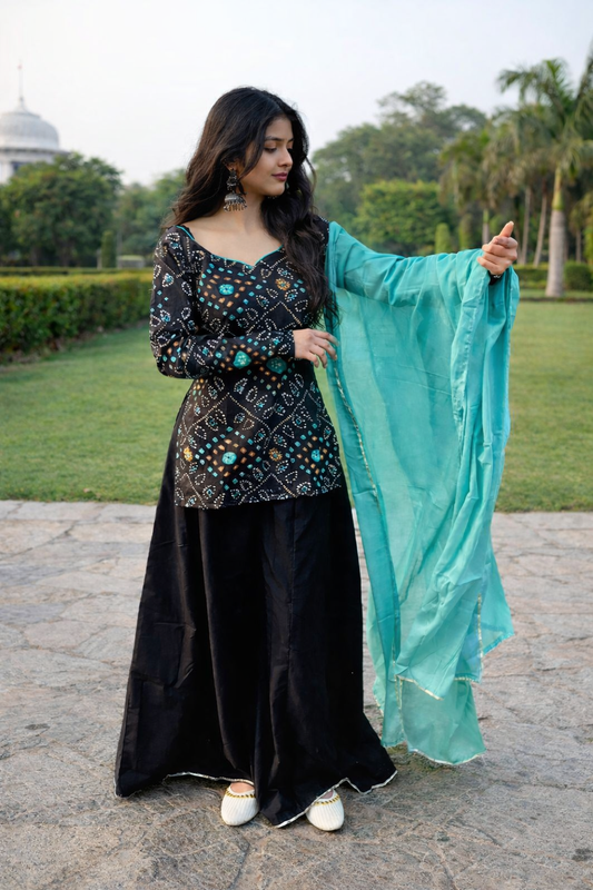 Black & Teal Bandhani Print Sharara Suit Set (with Teal Dupatta)