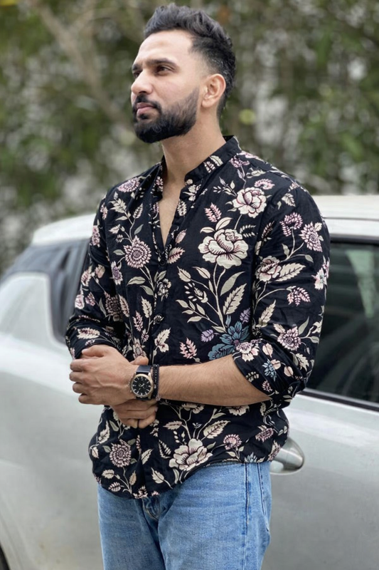 Black Floral Print Kurta