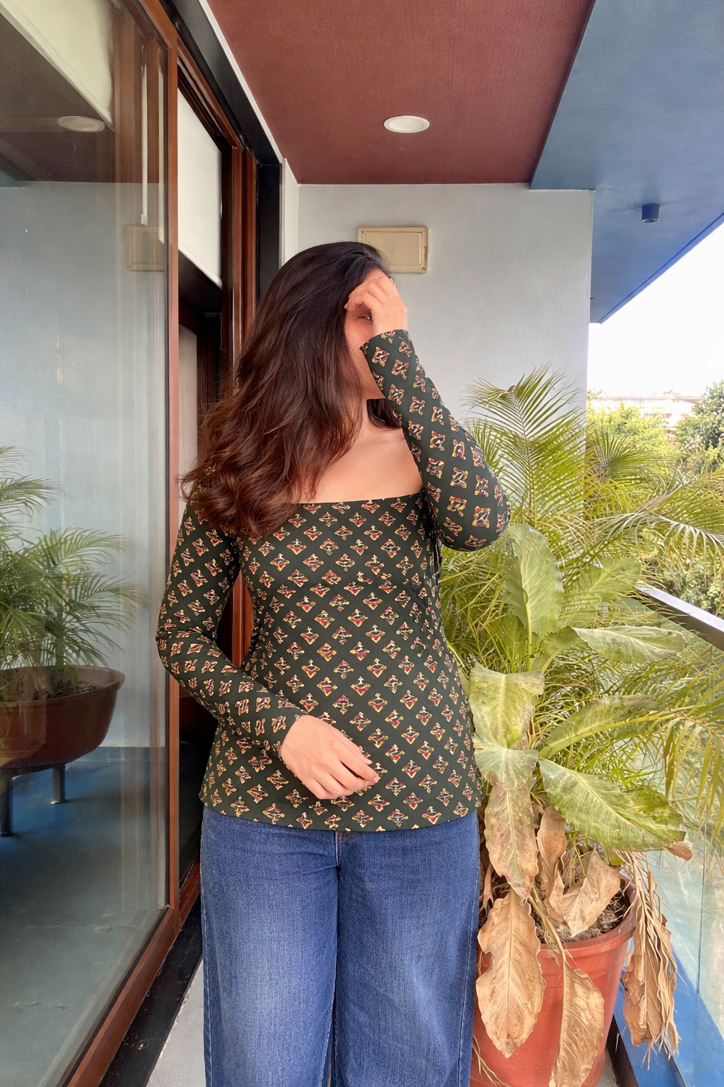 Teal Green Long Sleeve Printed Blouse Top