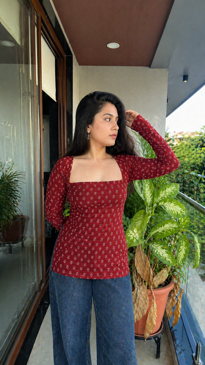 Rust Long Sleeve Printed Blouse Top