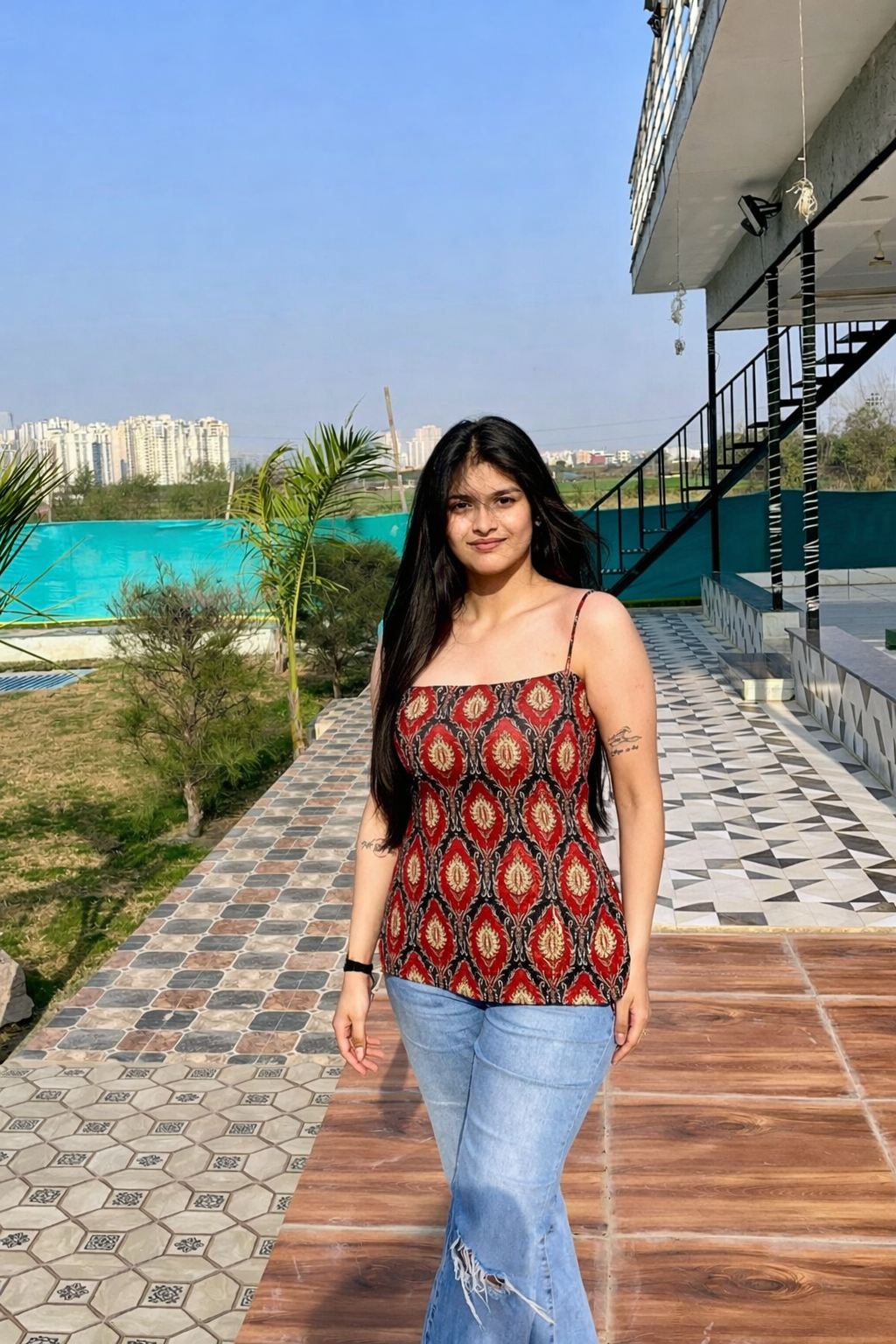 Red & Black Spaghetti Strap Backless Kurti